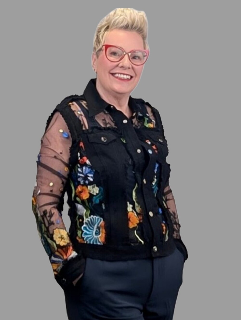 ADORE Black Denim with sheer floral embroidered panels & sleeves - Women's Large